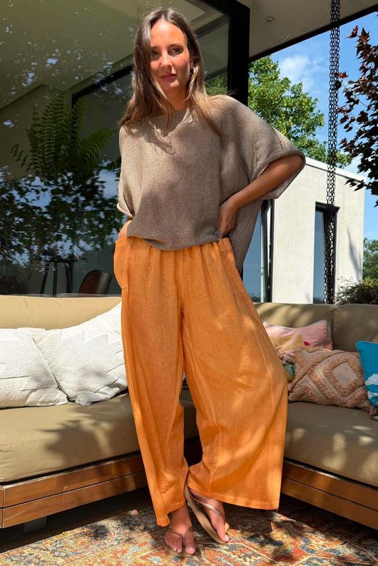 Rustic Nature Linen Blend Pocket Pleat Wide Leg Washed Cayenne